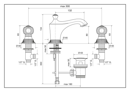 смеситель с донным клапаном emmevi the one 98033/br для раковины на 3 отверстия, металлические ручки, бронза