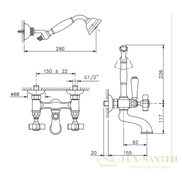 смеситель для ванны nicolazzi dames anglaises, 1402cr18, с душевым набором, хром