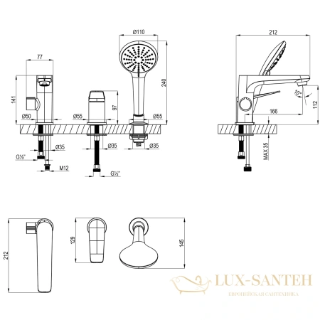 смеситель на борт ванны lemark bronx lm3745mw, белый матовый