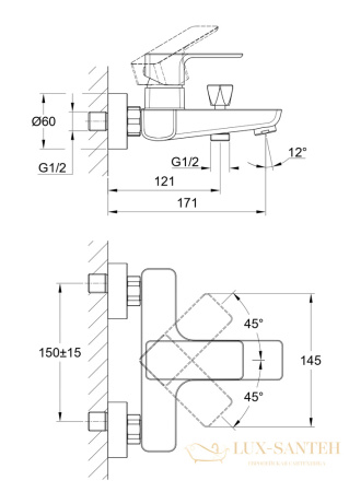 смеситель cersanit geo для ванны, 63040, цвет хром