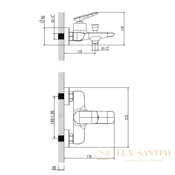 смеситель для ванны aquame como aqm6512cr, с душевым набором, хром