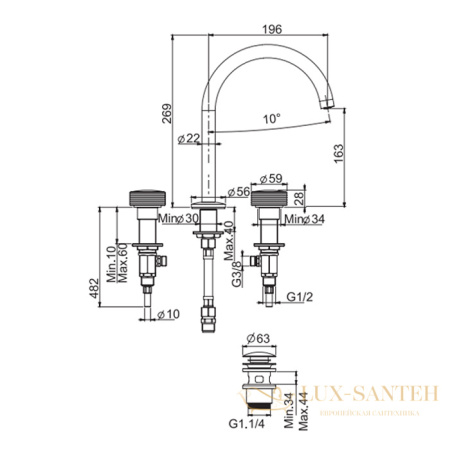 смеситель для раковины, fima|carlo frattini texture collection, f5611hcr, на 3 отверстия, ручки "h", без накладок, вращ излив, донный клапан click-cla