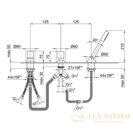 смеситель на борт ванны fantini nostromo, 50 02 1667, 2 источника, 3 отверстия, с ручным душем, без излива, хром
