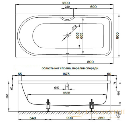 ванна bette ocean 8857-000 plus 1800х800 мм перелив спереди, шумоизоляция, антигрязевое покрытие, белый