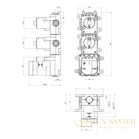 встраиваемая часть almar high flow e176002, термостатического смесителя на 2 выхода, 2 запорных вентиля