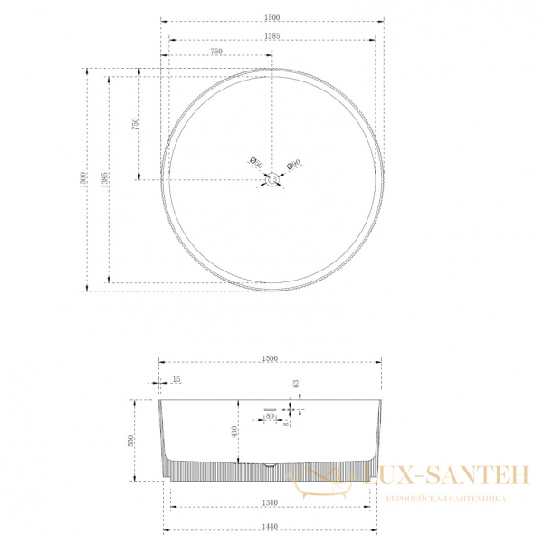 ванна свободностоящая из искусственного камня abber stein as9679, 150х150х55h см, белый матовый 