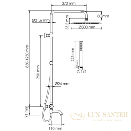 душевая система wasserkraft a188.116.137.087.ch thermo 300 мм, хром