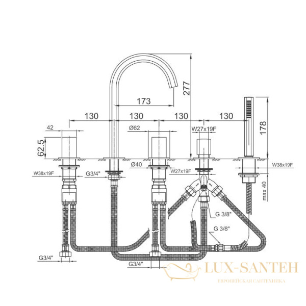 смеситель на борт ванны fantini venezia, 29 p9 n465s, 5 отверстий, с ручным душем, излив 175 мм, matt copper pvd