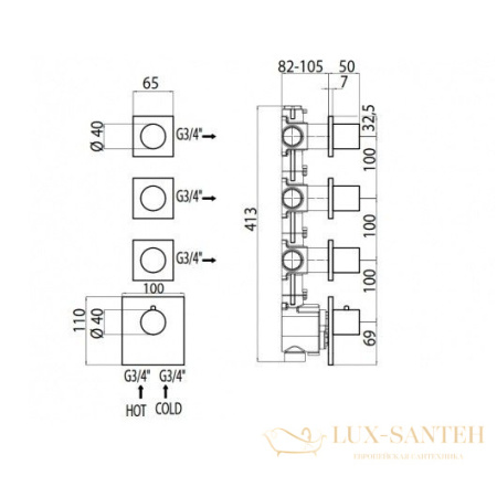 термостат  для душа встраиваемый highflow, bossini oki outlets z031205.021, на 3-6 потребителей, золото