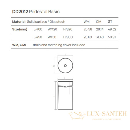 раковина напольная dea design pedestal basin, dd2012 450 18, искусственный камень, d450хh900 мм, белый матовый