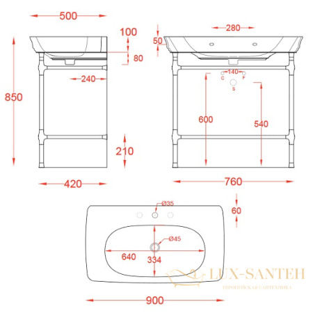 металлическая консоль 90 см, artceram civitas quadra cia005 71 для раковины, хром