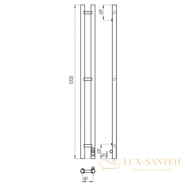 полотенцесушитель с/т laris прайм дуэт чкч 80/1200, правый тэн 73207635 ru, черный