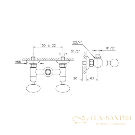смеситель для душа nicolazzi cristallo di rocca, 2125go09c, с 2-мя ручками, вывод сверху 1/2", золото