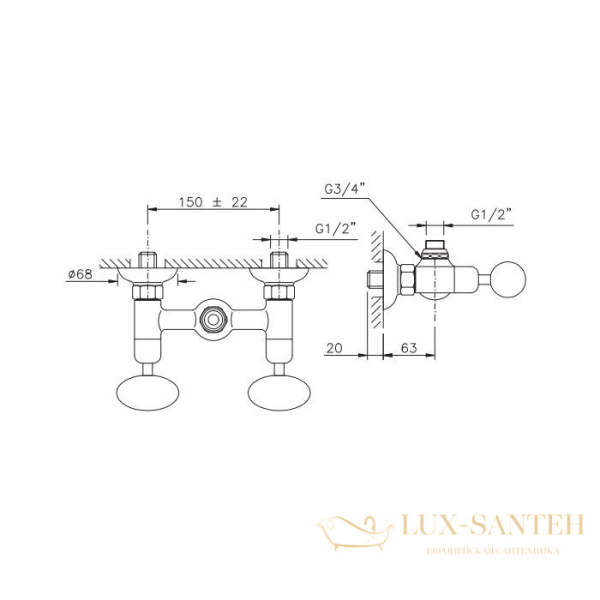 смеситель для душа nicolazzi cristallo di rocca, 2125go09c, с 2-мя ручками, вывод сверху 1/2", золото