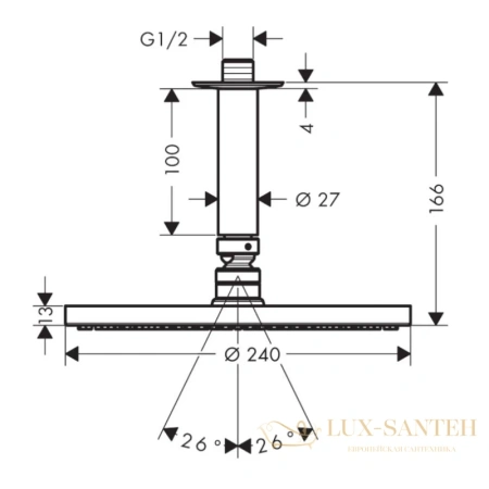 верхний душ hansgrohe raindance s 27620000, 240 1jet powderrain с потолочным подсоединением
