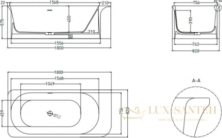 ванна salini ninfea 102721m s-stone 180x82 см, белый
