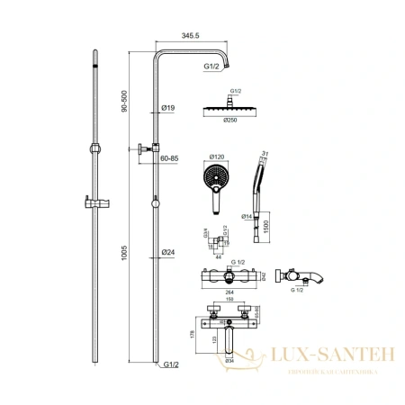 душевая система для ванны aquame aqm8008mb, с термостатом, черный матовый