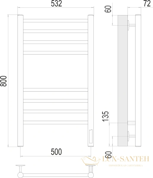 полотенцесушитель электрический terminus аврора 4670078527493 п8 500x800 кс 9005 черный матовый