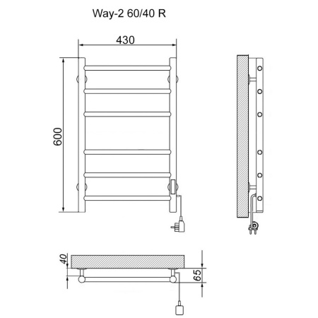 полотенцесушитель электрический кабельный ника way-2 60/40 ral9005 черный матовый u