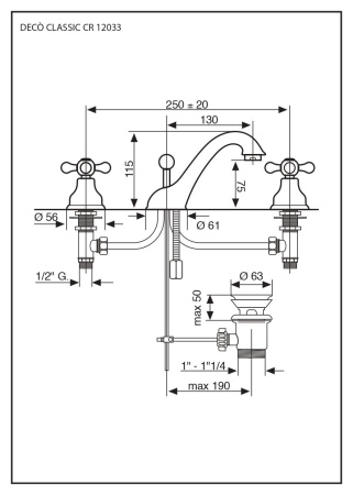 смеситель для раковины emmevi deco classic 12033/cr с донным клапаном на 3 отверстия, хром
