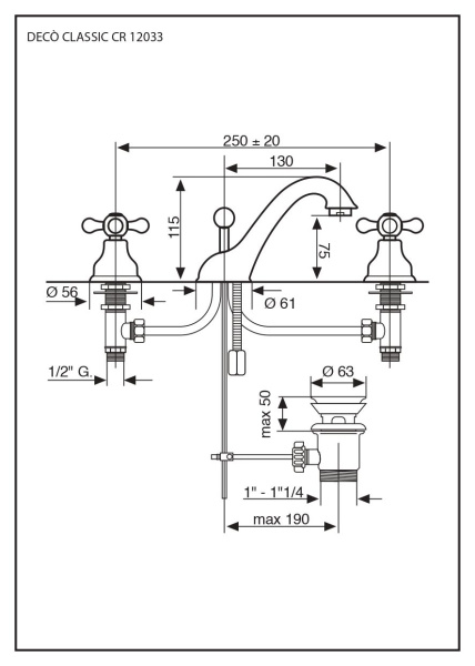 смеситель для раковины emmevi deco classic 12033/br с донным клапаном на 3 отверстия, бронза