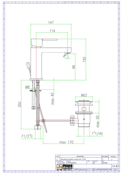 смеситель для раковины fiore katana 77cr7520 с донным клапаном, хром