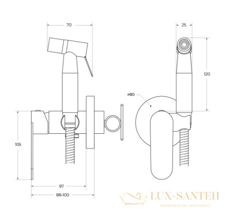 гигиенический душ со встраиваемым смесителем и встроенной частью cezares stylus-dif-in, нержавеющая сталь