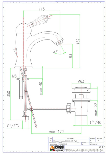 смеситель для раковины fiore imperiale sky 82oo5221 с донным клапаном, золото-swarovski
