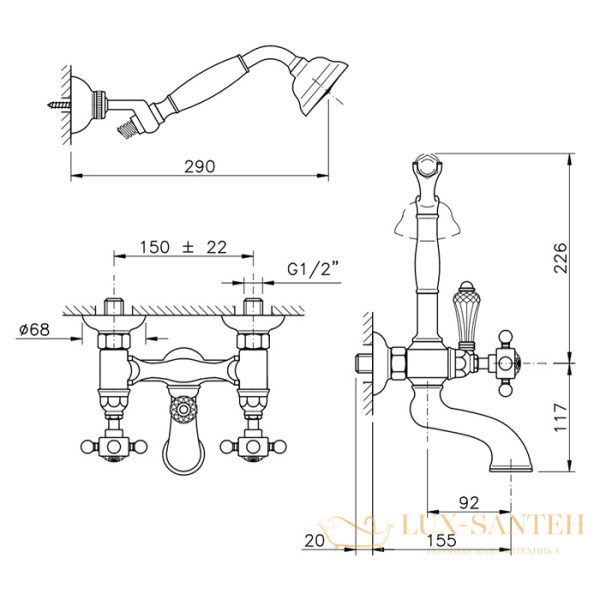 смеситель для ванны nicolazzi petit mont blanc, 1402bz78, с ручным душем, настенный, бронза