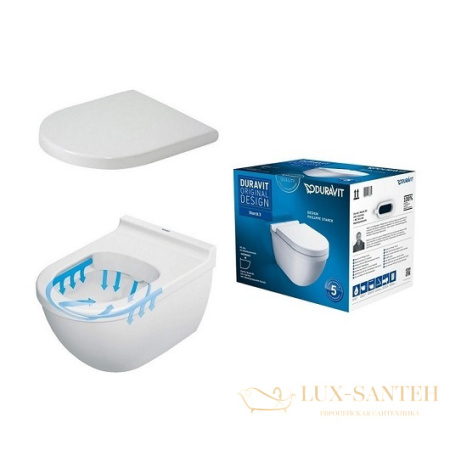подвесной безободковый унитаз в комплекте с сиденьем duravit starck 3 45270900a1 (2527090000+006389) rimless, белый
