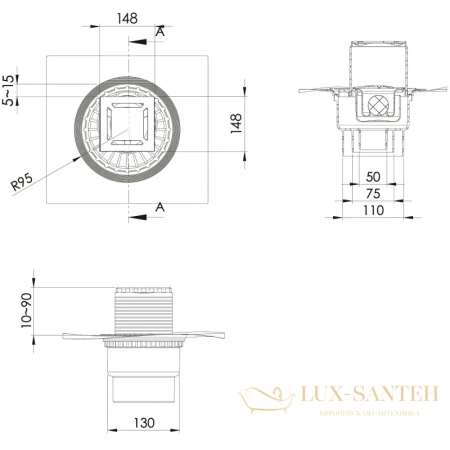 душевой трап berges zentrum norma 090463 148x148/50*75*110 мм, матовый хром