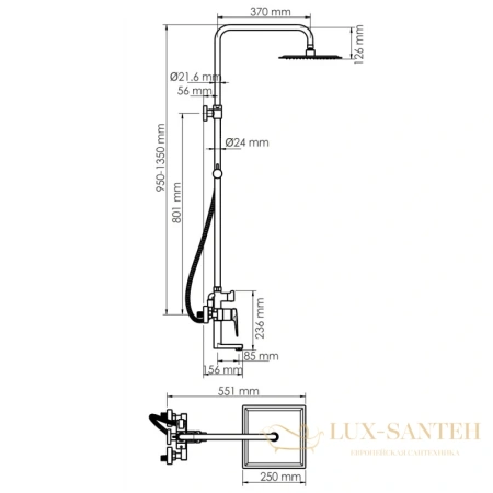 душевая система wasserkraft glan a16701 250 мм, черный глянец