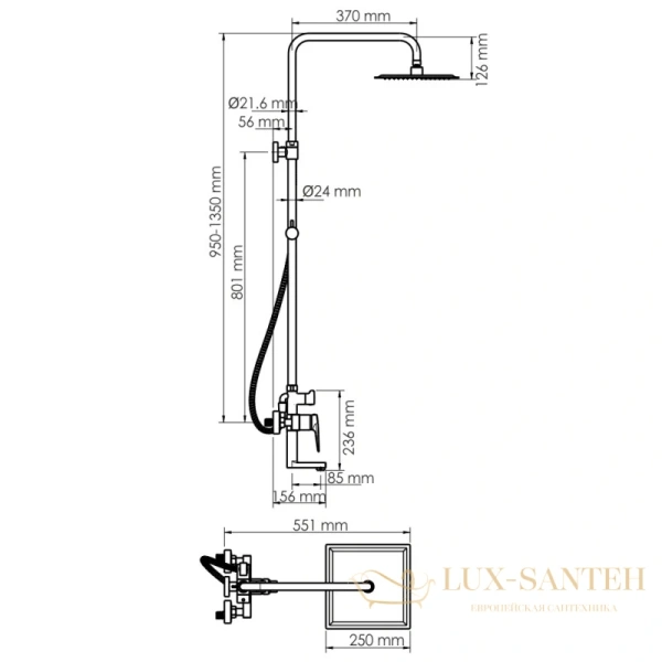 душевая система wasserkraft glan a16701 250 мм, черный глянец