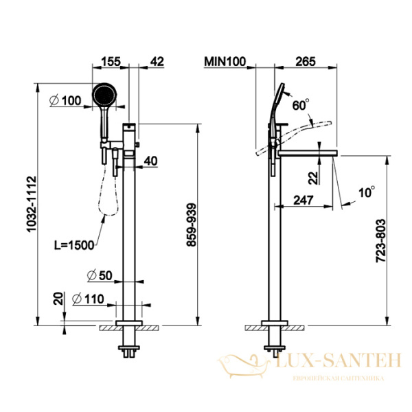 смеситель напольный для ванны gessi emporio via manzoni 24982.149, finox brushed nickel