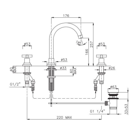 смеситель для раковины, nicolazzi monte croce, 2208nem27, на 3 отверстия, излив 176мм, nero opaco