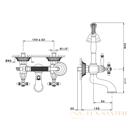 смеситель для ванны nicolazzi impero, 1201go36, настенный, с душевым комплектом, золото
