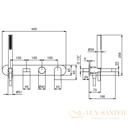 смеситель для ванны встраиваемый fantini mare, 51 02 v020b, излив 150мм, с ручным душем, (наружняя часть), хром
