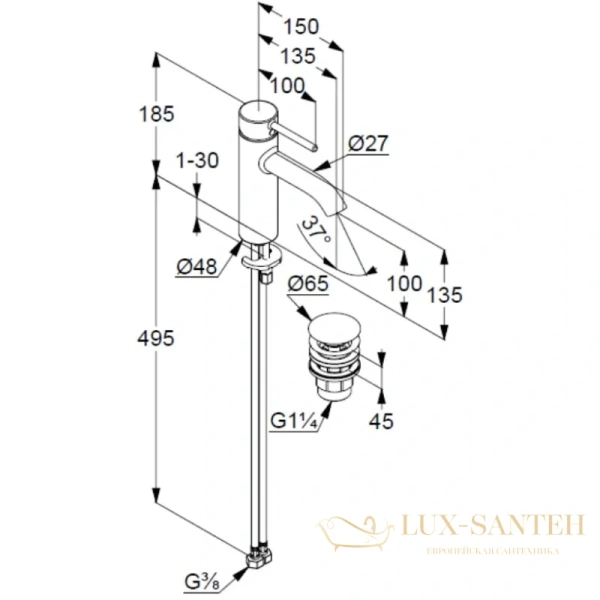 смеситель kludi bozz 38288n076 для раковины, с донным клапаном, золото матовое