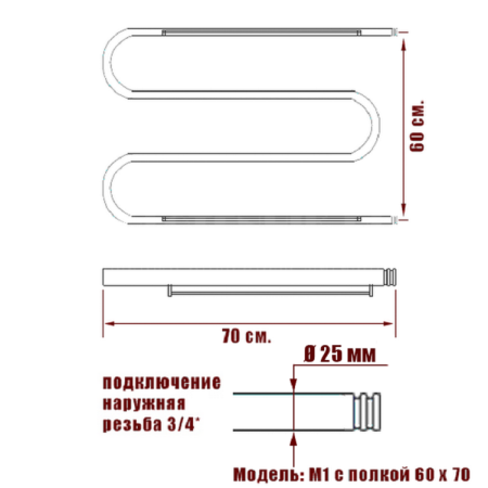 полотенцесушитель ника simple м-обр. (3/4) 60/70 с полкой, цвет хром