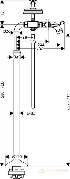 axor montreux, 16547820, смеситель для ванны, с двумя рукоятками, с ручным душем, напольный, (внешняя часть), цвет шлифованный никель