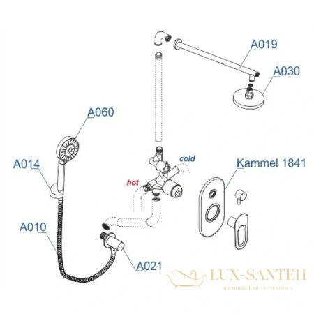 душевой комплект wasserkraft kammel a16830 250 мм, хром