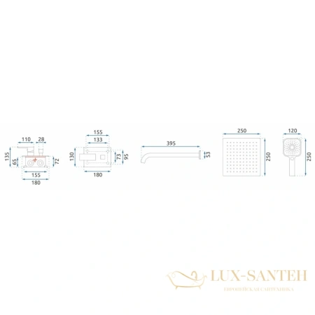 душевой комплект rea orix rea-p8465 250 мм, черный матовый