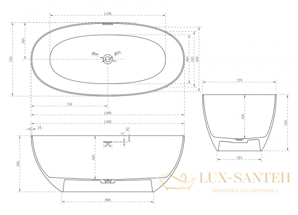ванна свободностоящая из искусственного камня abber stein as9624-1.5, 150х72х55h см, белый матовый 