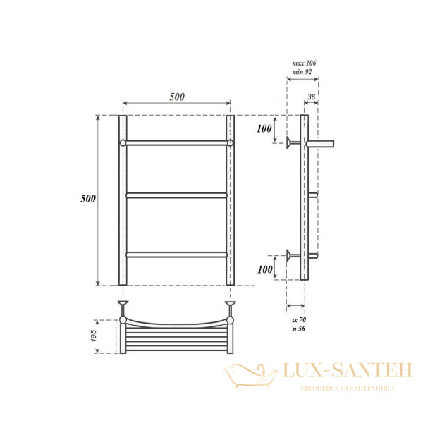полотенцесушитель 500x500 водяной point афина pn04155p п2 с полкой, хром