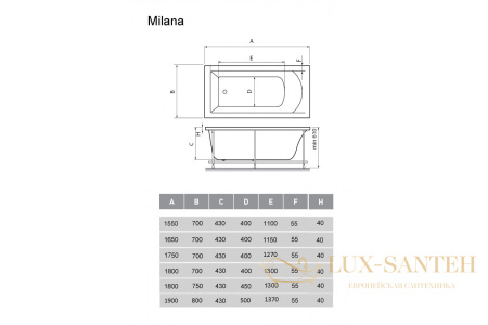 ванна акриловая vayer milana 190x80