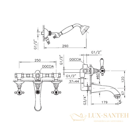 смеситель для ванны встраиваемый nicolazzi le pietre, 2103go09, с внутренней частью и душевым комплектом, золото