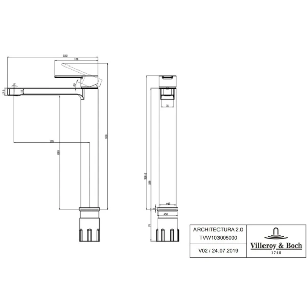 смеситель villeroy & boch architectura tvw10300500061 для раковины с донным клапаном, хром