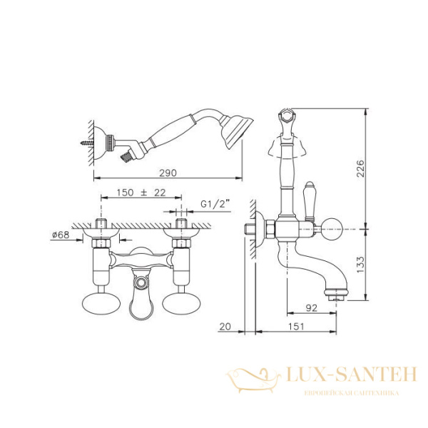 смеситель для ванны nicolazzi cristallo di rocca, 2102cr09c, настенный, с душевым комплектом, хром