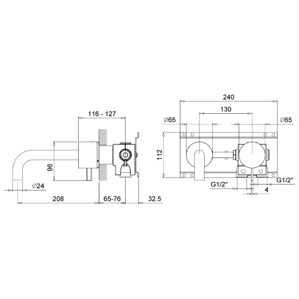 смеситель для раковины, fantini af х 21 27 p6 a613b, встраиваемый, на 2 отв, без донного клапана, излив 208мм (наружняя часть), matt british gold