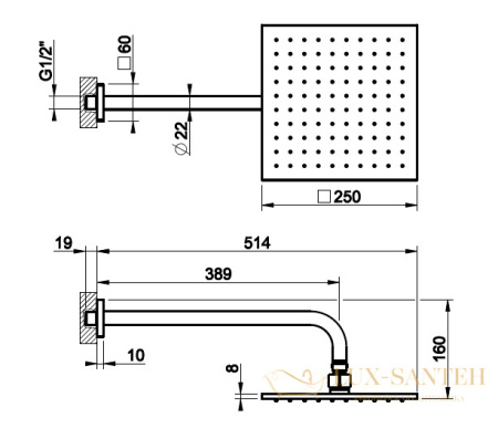 верхний душ gessi rilievo 59158.030 250*250 мм, copper pvd